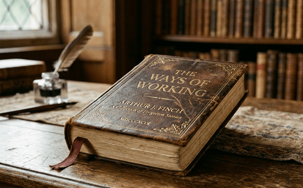 Leather-bound book titled 'The Silent Pages' on an old wooden desk with ink bottle and quill pen