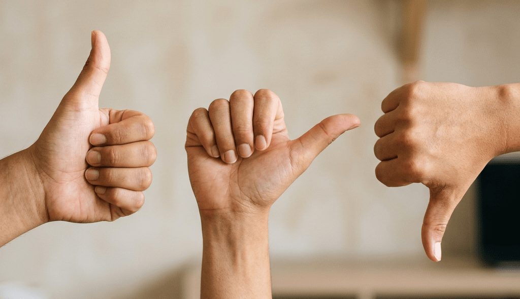 Three hands displaying thumbs up, sideways thumb, and thumbs down gestures.